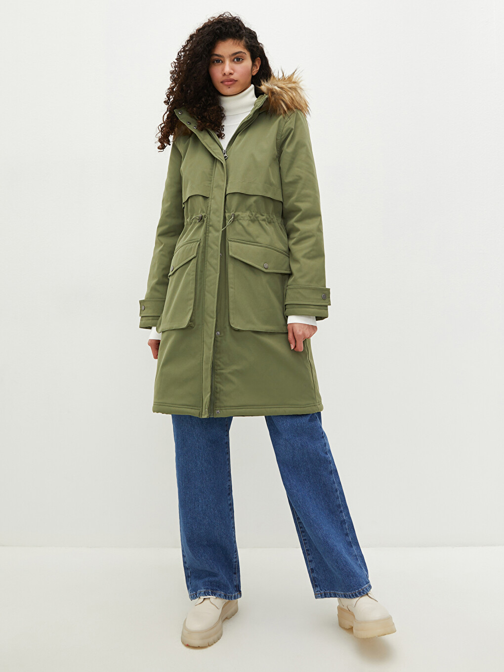 Women's Fur Detailed Hooded Plain Long Sleeve Plush Lined Thick Parka-1