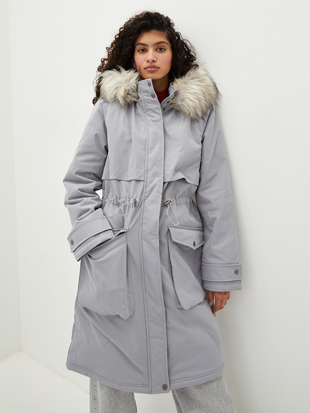 Women's Fur Detailed Hooded Plain Long Sleeve Plush Lined Thick Parka-5