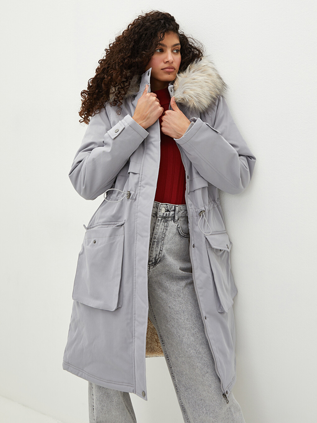 Women's Fur Detailed Hooded Plain Long Sleeve Plush Lined Thick Parka