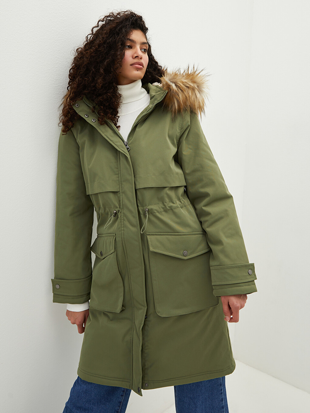 Women's Fur Detailed Hooded Plain Long Sleeve Plush Lined Thick Parka-4