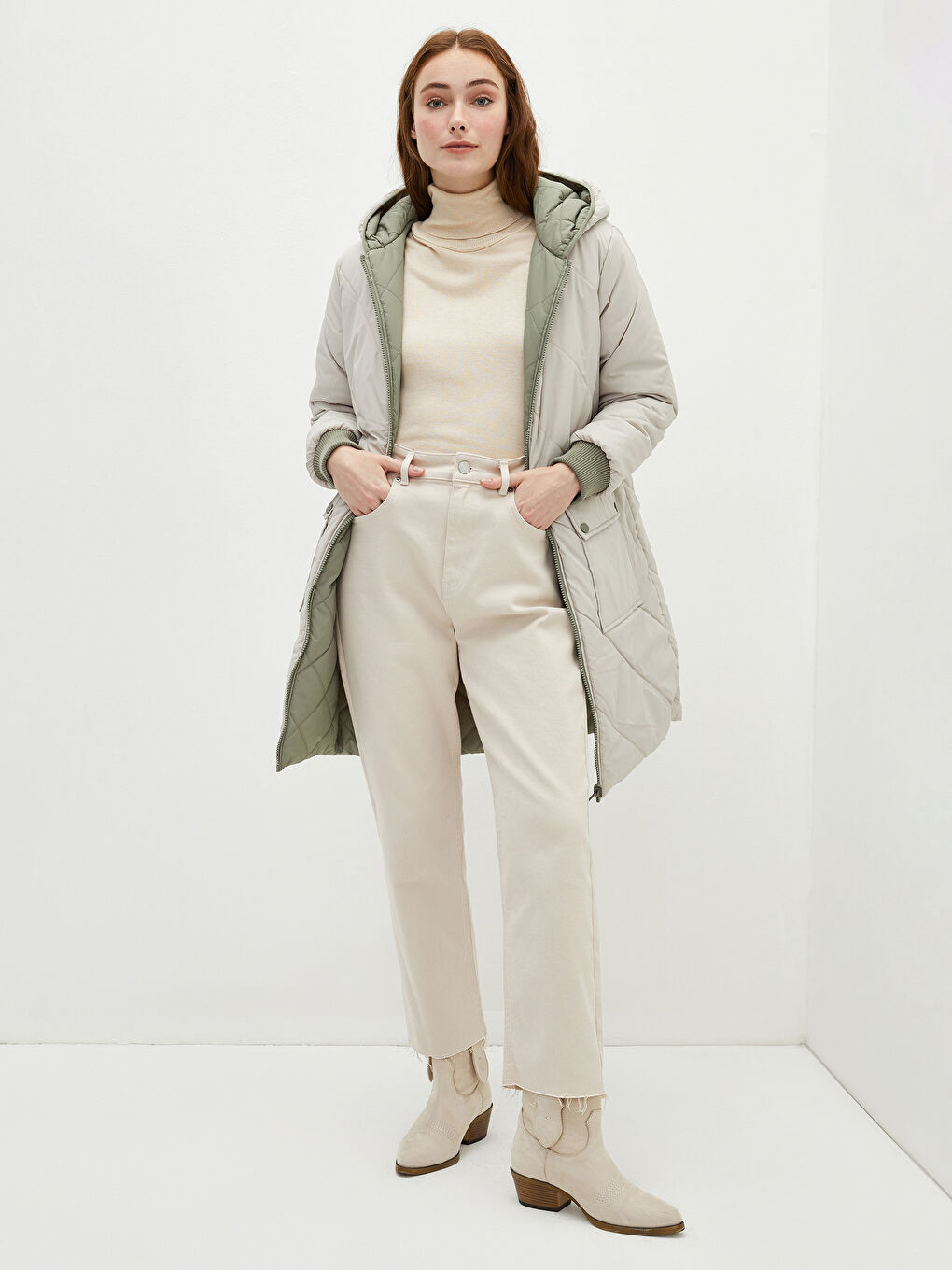 Ženski prošiveni kaputi na naduvavanje sa kapuljačom, dezenom, džepovima i dugim rukavima-7