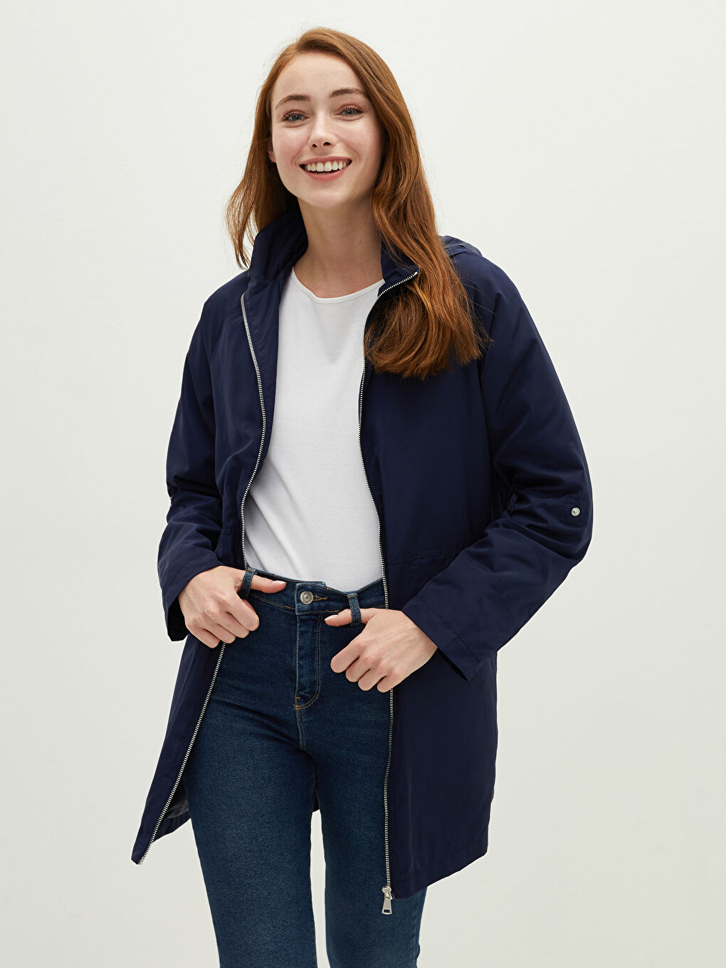 معطف واق من المطر للسيدات بكابوش ياقة سادة بسحاب إغلاق كم طويل-1