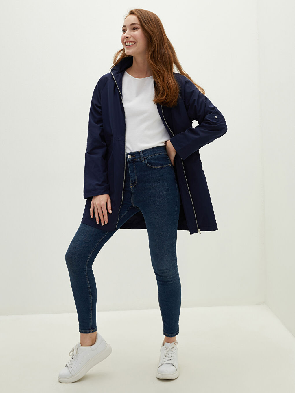 معطف واق من المطر للسيدات بكابوش ياقة سادة بسحاب إغلاق كم طويل-2