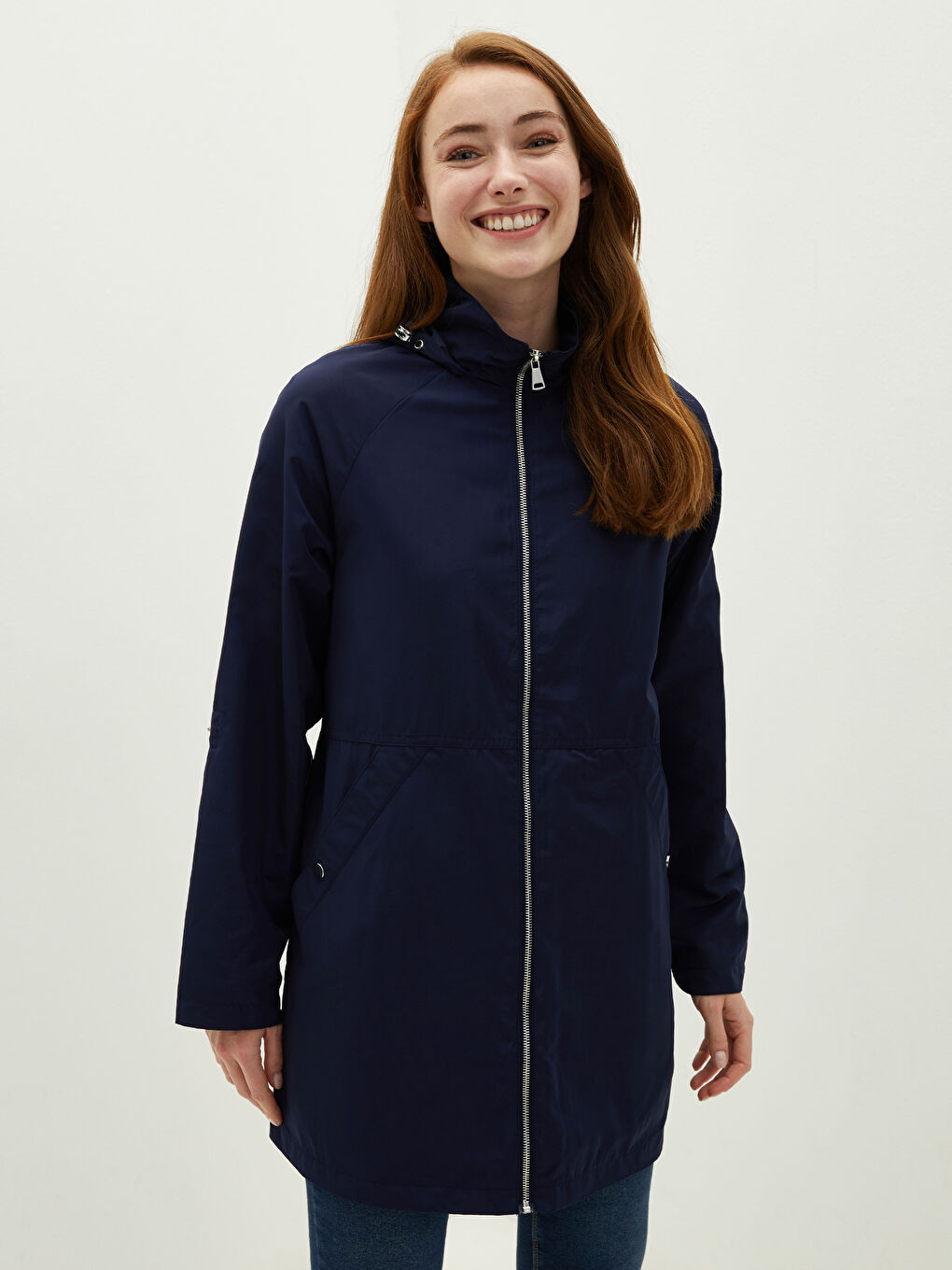 معطف واق من المطر للسيدات بكابوش ياقة سادة بسحاب إغلاق كم طويل-5