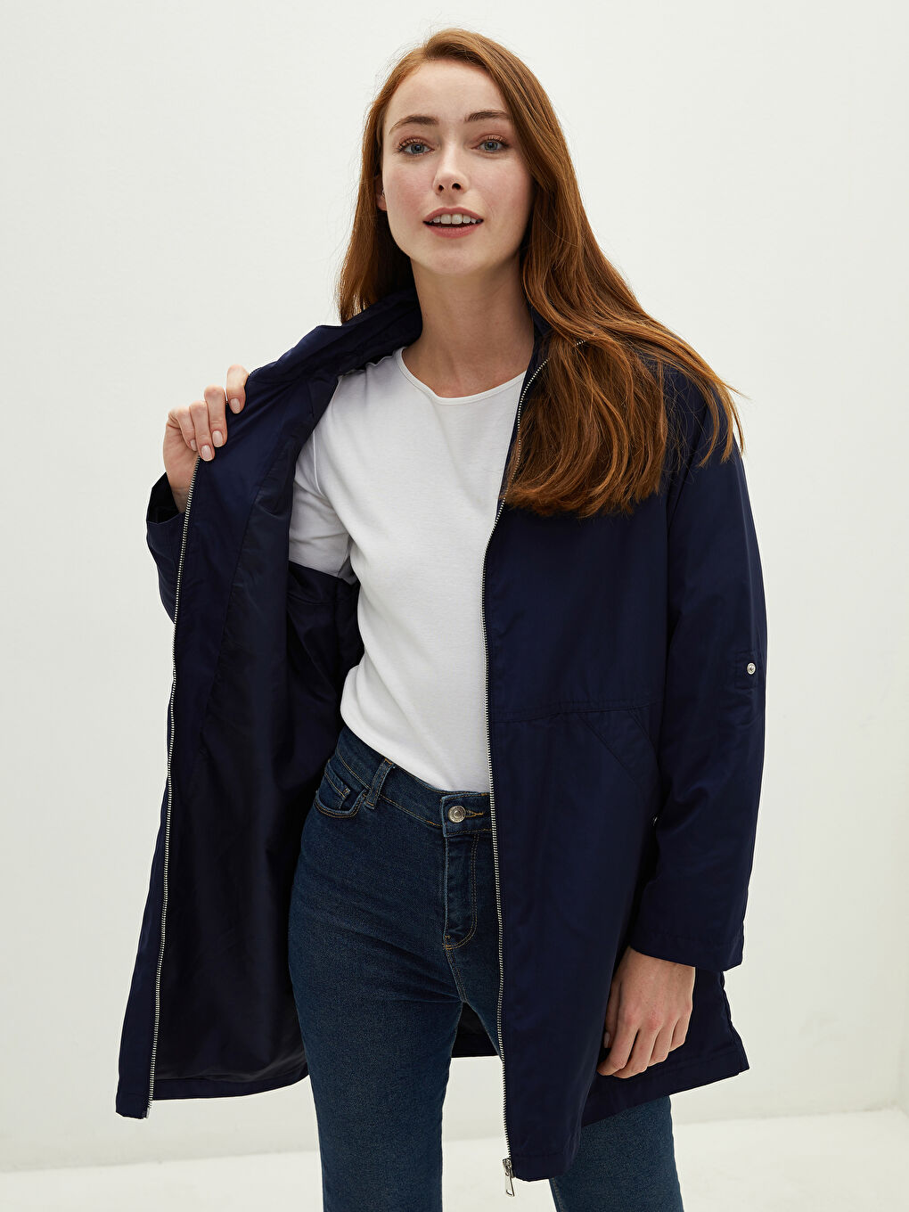 معطف واق من المطر للسيدات بكابوش ياقة سادة بسحاب إغلاق كم طويل