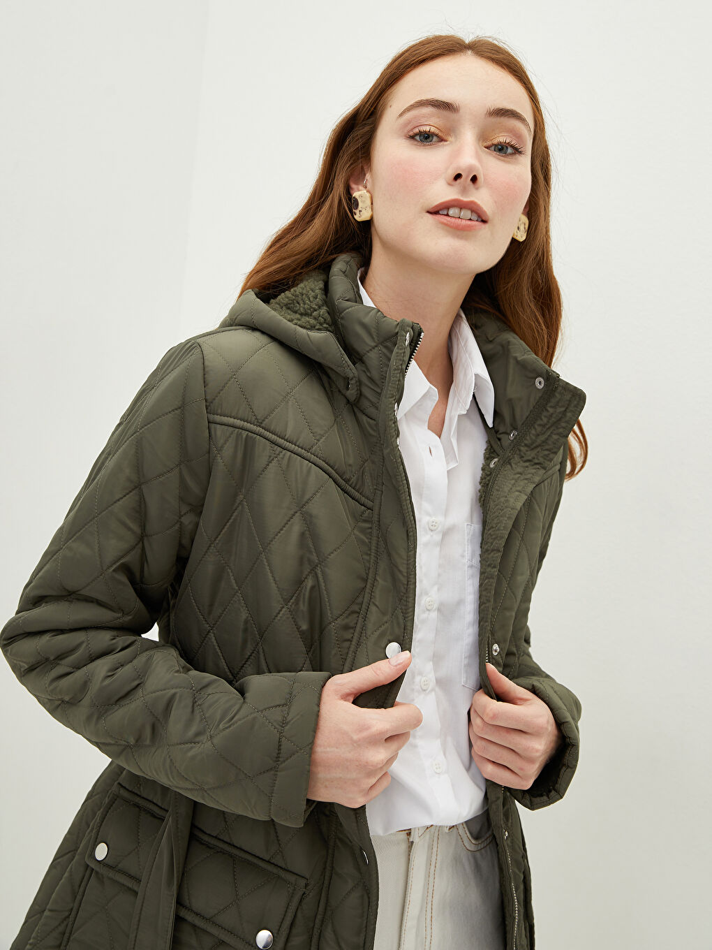 Hooded Collar Quilted Patterned Long Sleeve Pocket Detailed Women's Down Coat-2