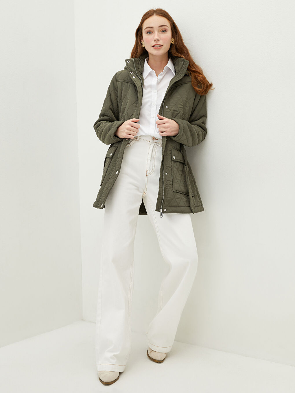 Hooded Collar Quilted Patterned Long Sleeve Pocket Detailed Women's Down Coat-3