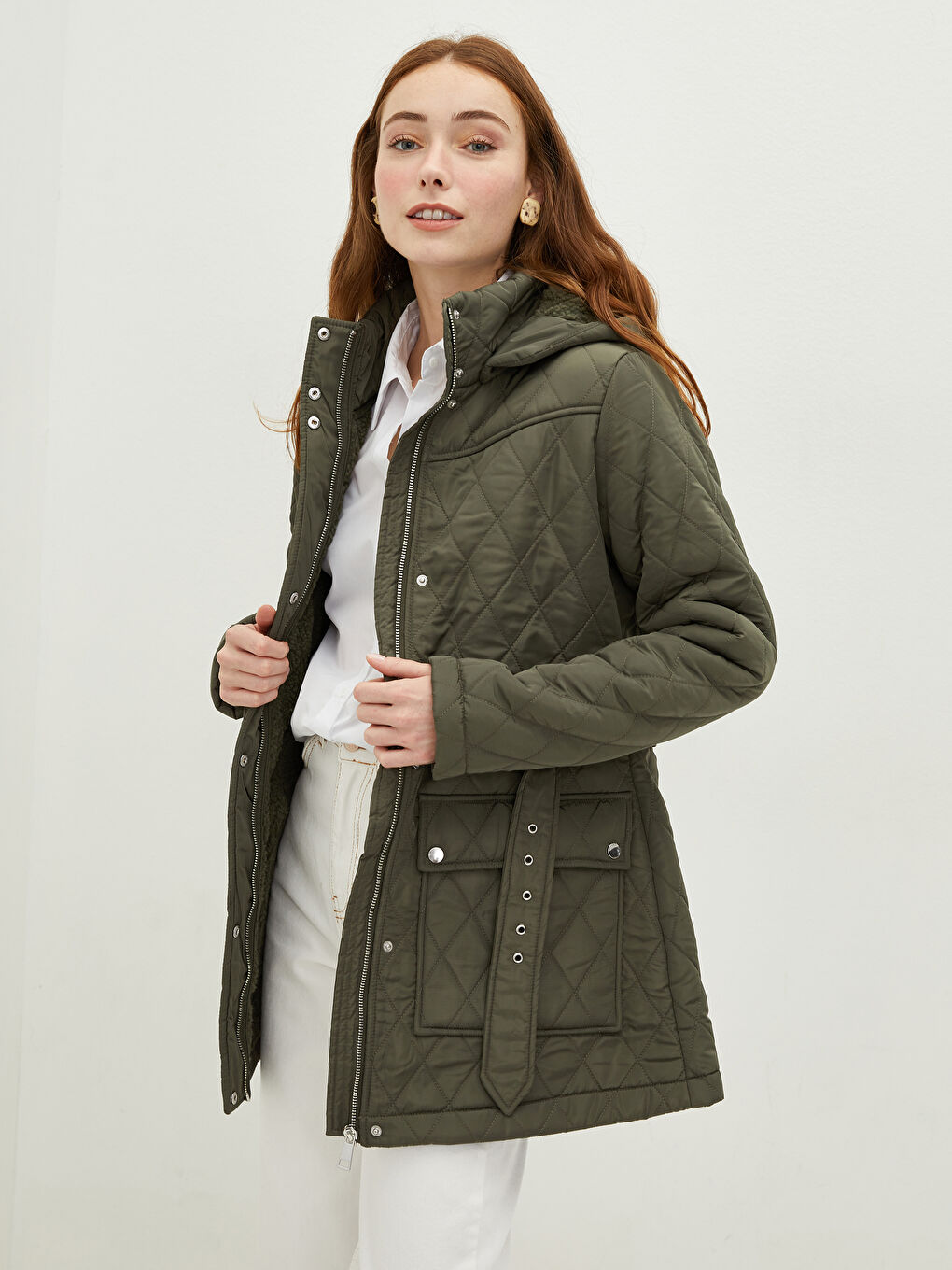 Hooded Collar Quilted Patterned Long Sleeve Pocket Detailed Women's Down Coat
