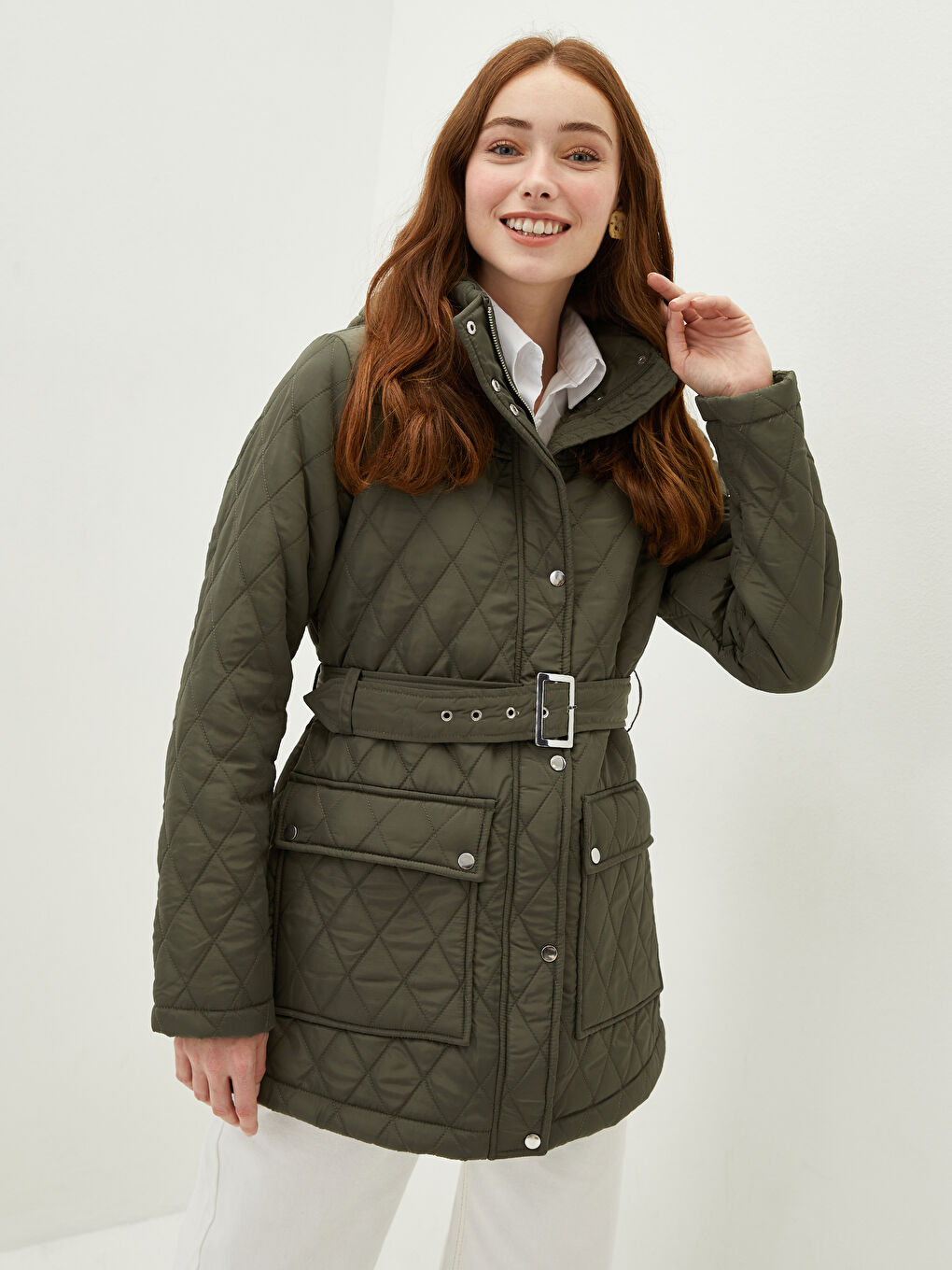 Hooded Collar Quilted Patterned Long Sleeve Pocket Detailed Women's Down Coat-1
