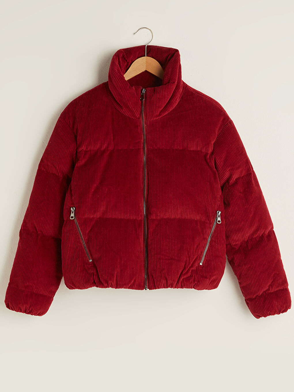Stand Collar Straight Long Sleeve Corduroy Thick Women's Down Coat-5