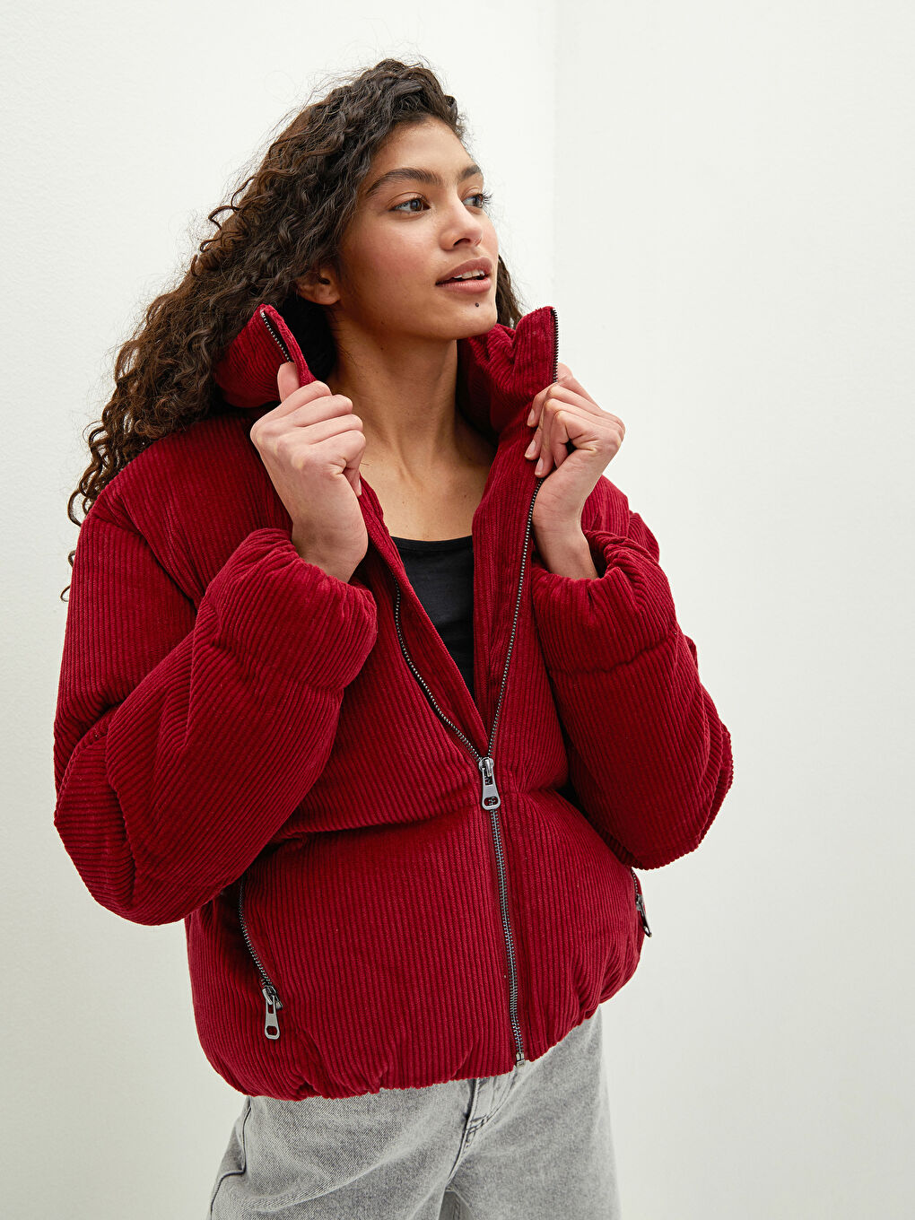 Stand Collar Straight Long Sleeve Corduroy Thick Women's Down Coat-1
