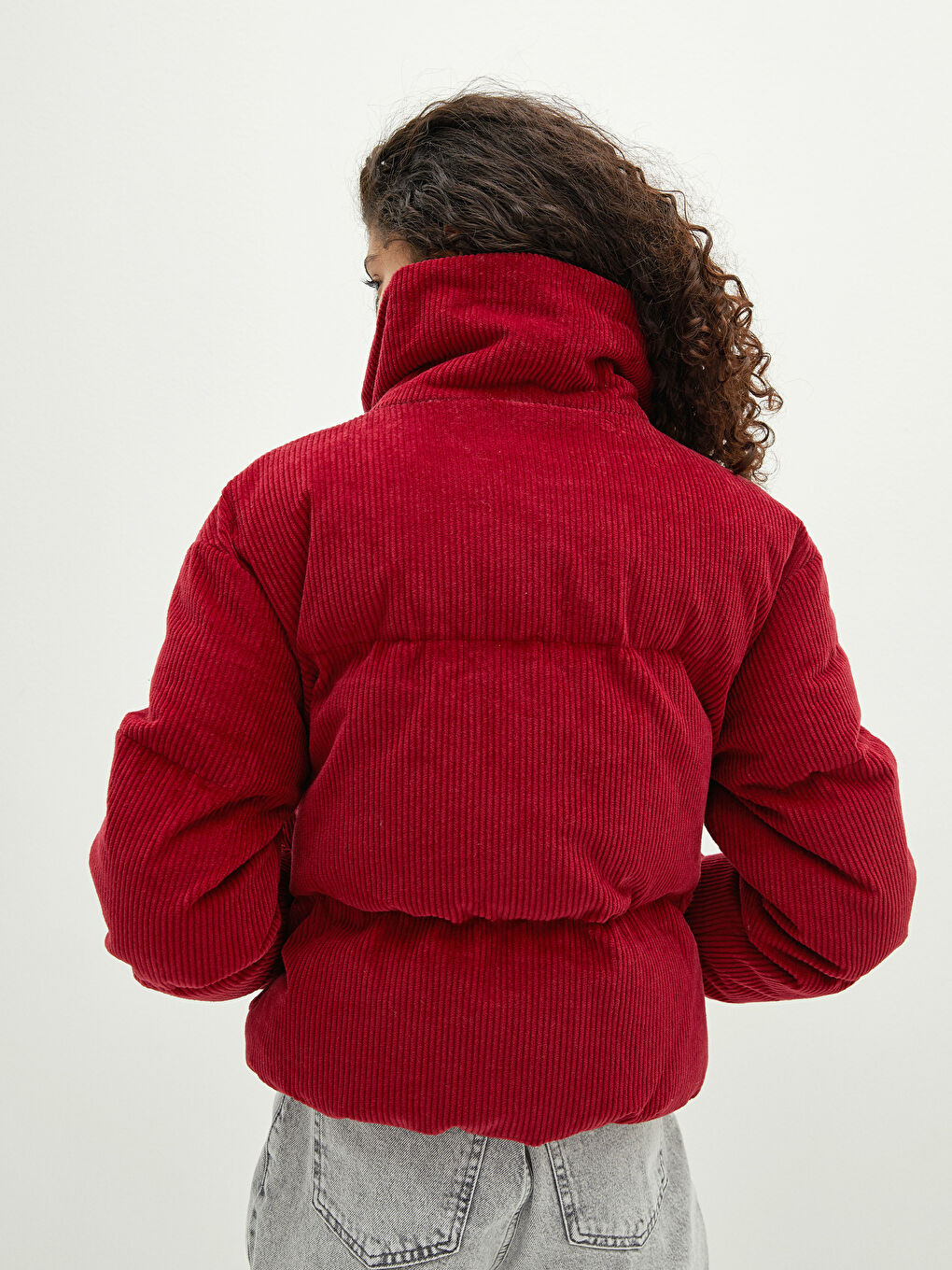 Stand Collar Straight Long Sleeve Corduroy Thick Women's Down Coat-3