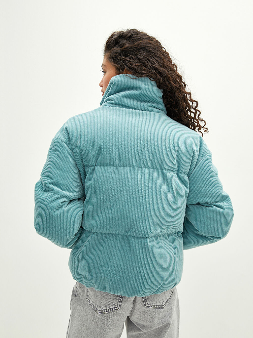 Stand Collar Straight Long Sleeve Corduroy Thick Women's Down Coat-3