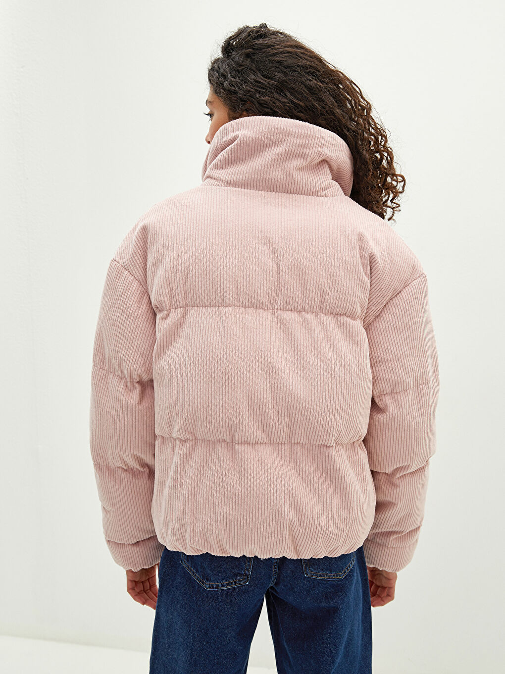 Stand Collar Straight Long Sleeve Corduroy Thick Women's Down Coat-3
