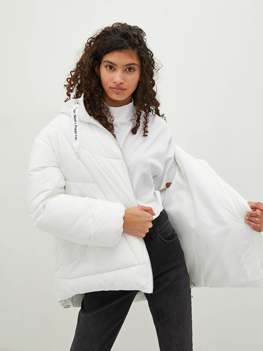 Hooded Self Patterned Long Sleeve Thick Women's Down Jacket-2
