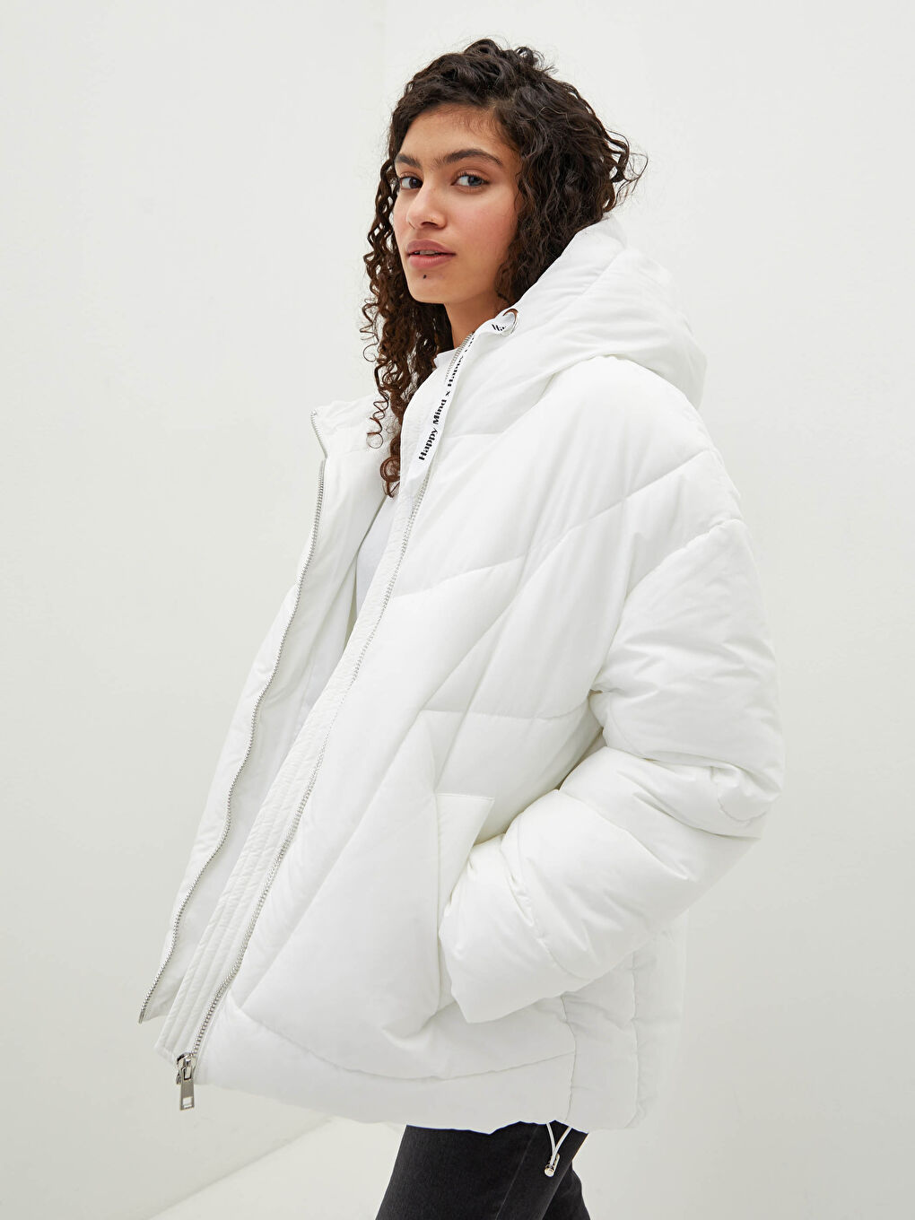 Hooded Self Patterned Long Sleeve Thick Women's Down Jacket-4