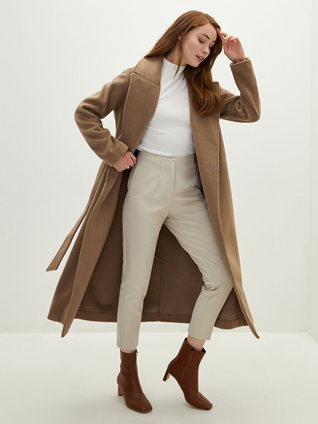 Jacket Collar Waist Belt Pocket Detailed Long Sleeve Women's Cachet Coat-1