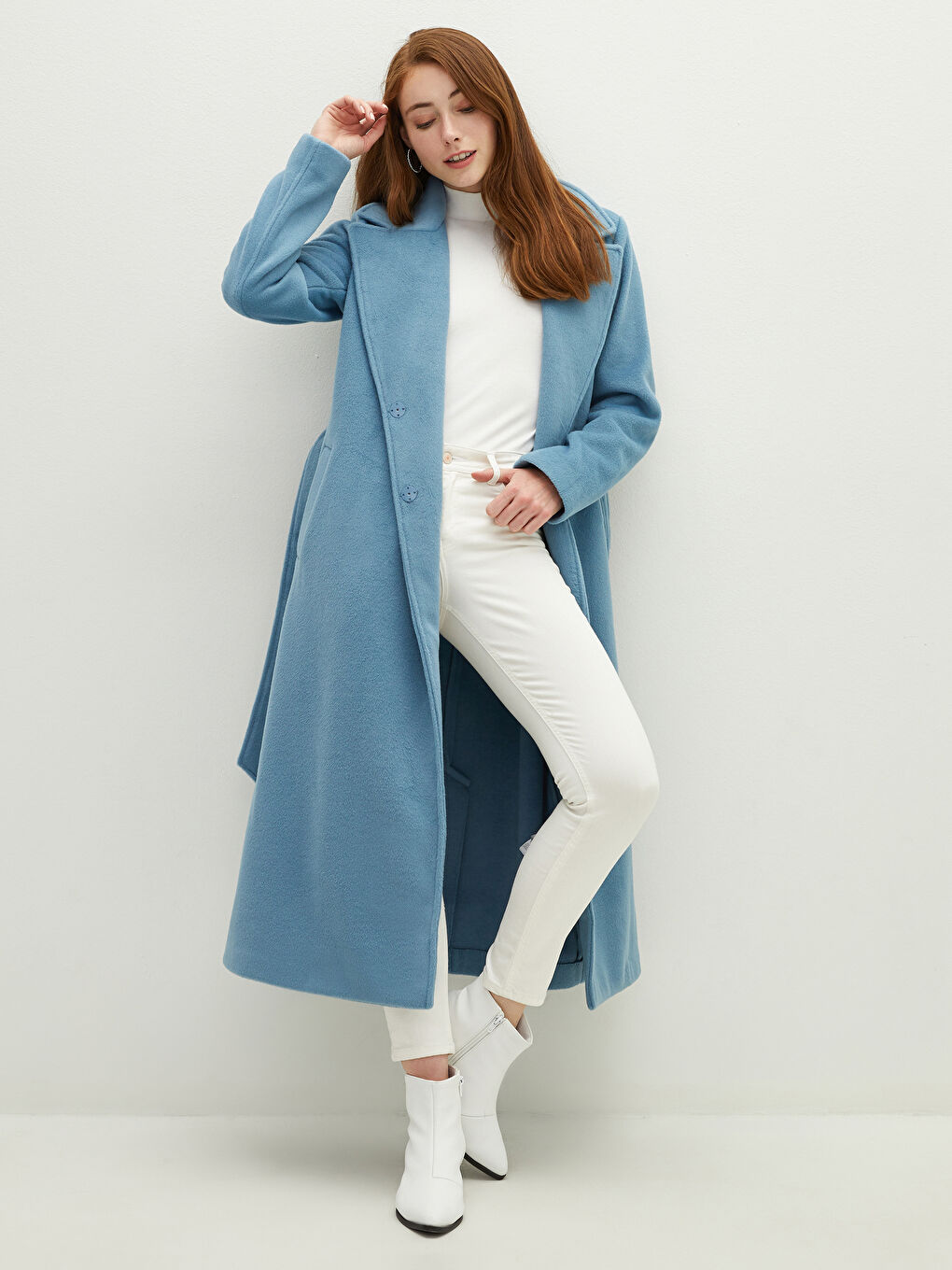 Jacket Collar Waist Belt Pocket Detailed Long Sleeve Women's Cachet Coat-1