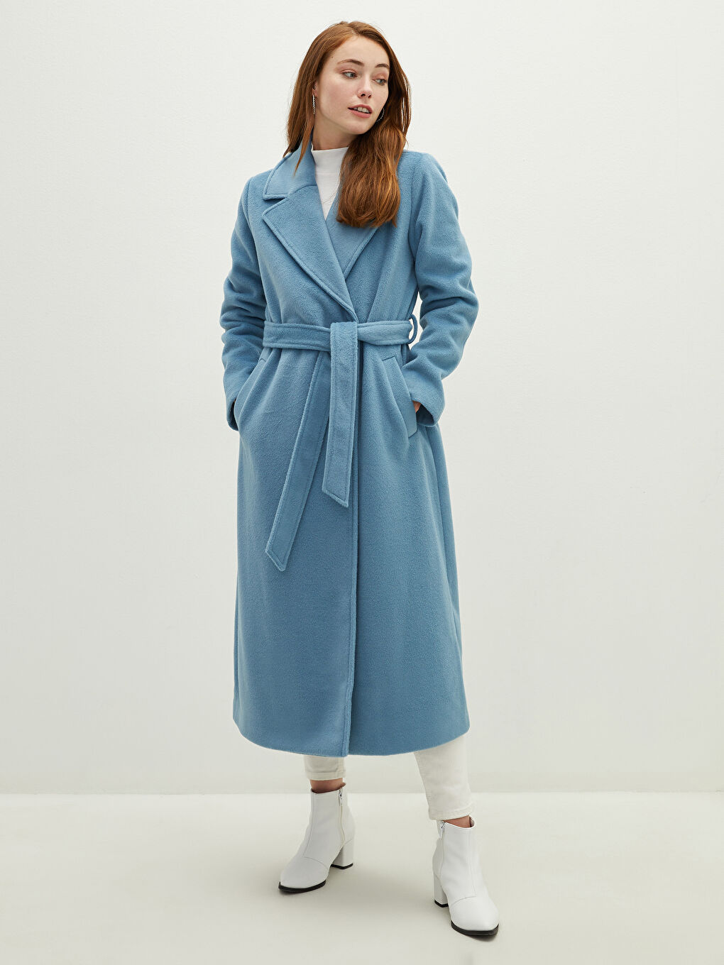Jacket Collar Waist Belt Pocket Detailed Long Sleeve Women's Cachet Coat-2