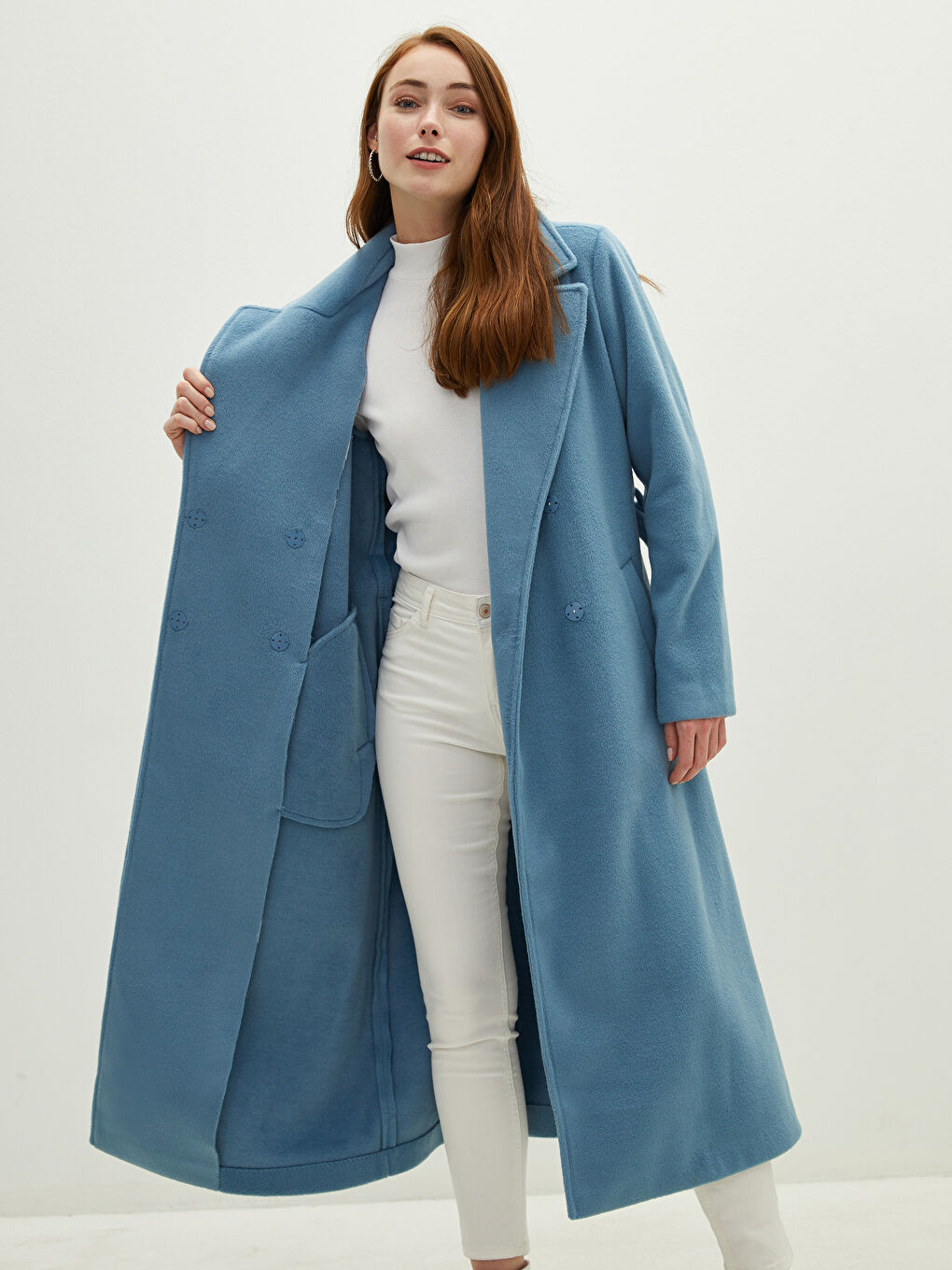 Jacket Collar Waist Belt Pocket Detailed Long Sleeve Women's Cachet Coat-3
