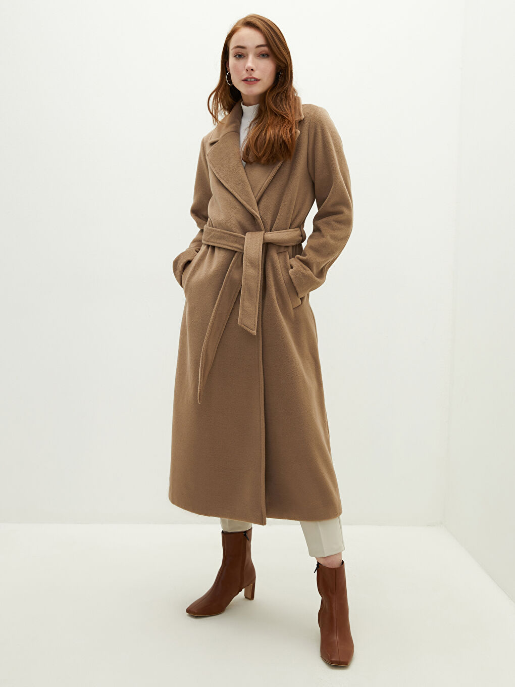 Jacket Collar Waist Belt Pocket Detailed Long Sleeve Women's Cachet Coat-3