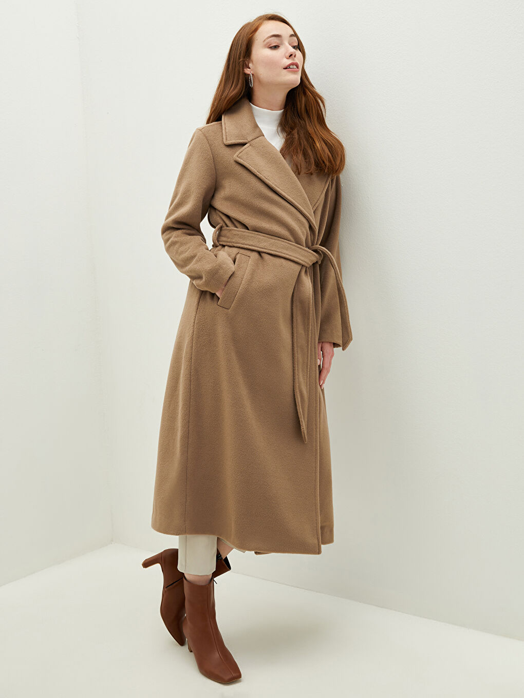 Jacket Collar Waist Belt Pocket Detailed Long Sleeve Women's Cachet Coat