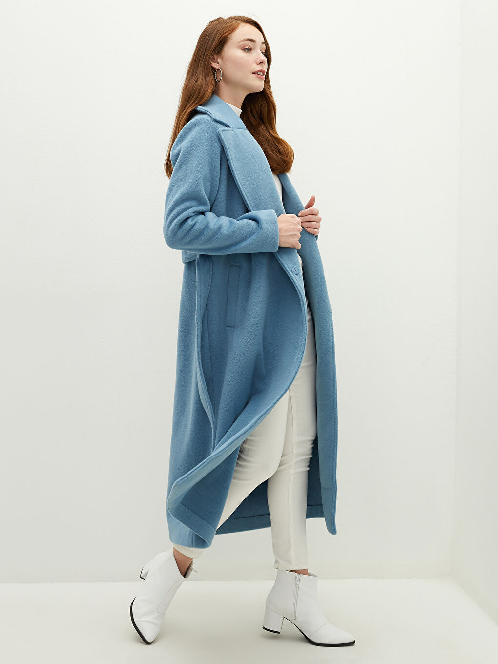 Jacket Collar Waist Belt Pocket Detailed Long Sleeve Women's Cachet Coat-5