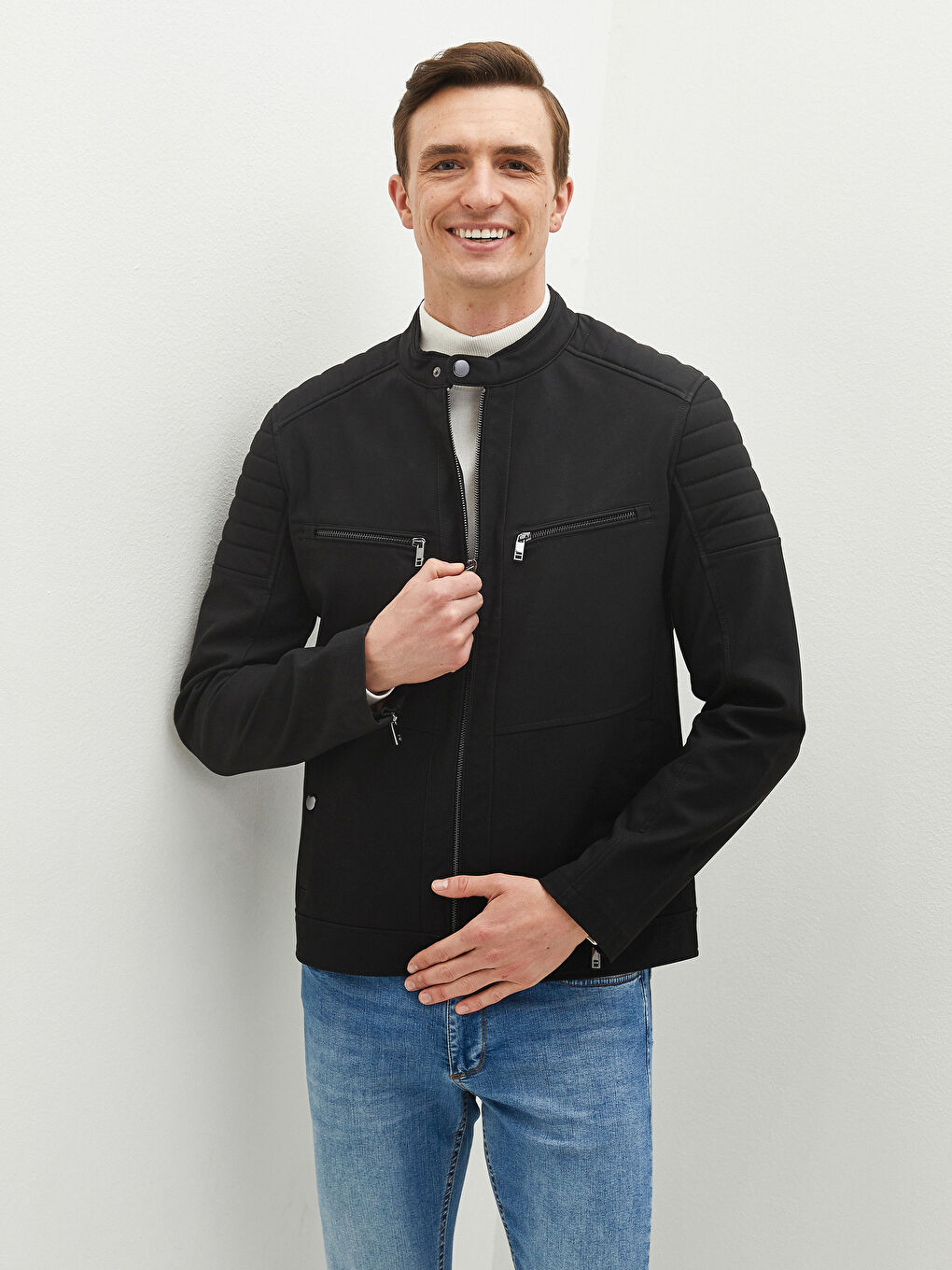 Manteau en Similicuir à Col Motard Svelte pour Hommes