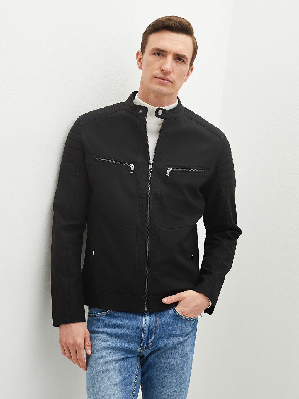 Manteau en Similicuir à Col Motard Svelte pour Hommes-1