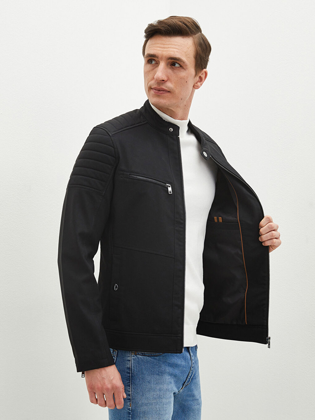 Manteau en Similicuir à Col Motard Svelte pour Hommes-2