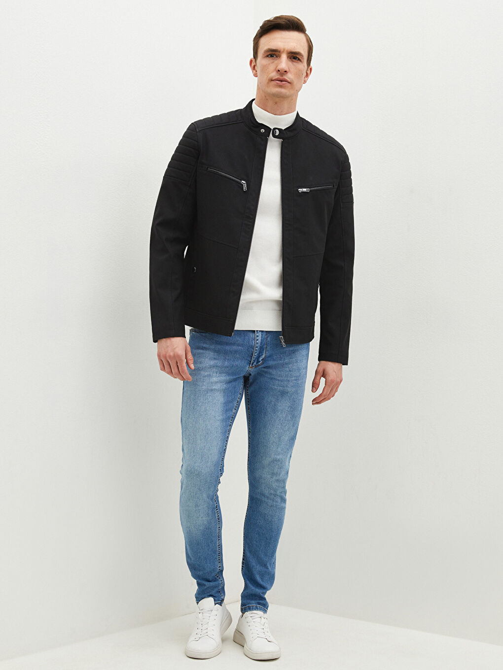 Manteau en Similicuir à Col Motard Svelte pour Hommes-3