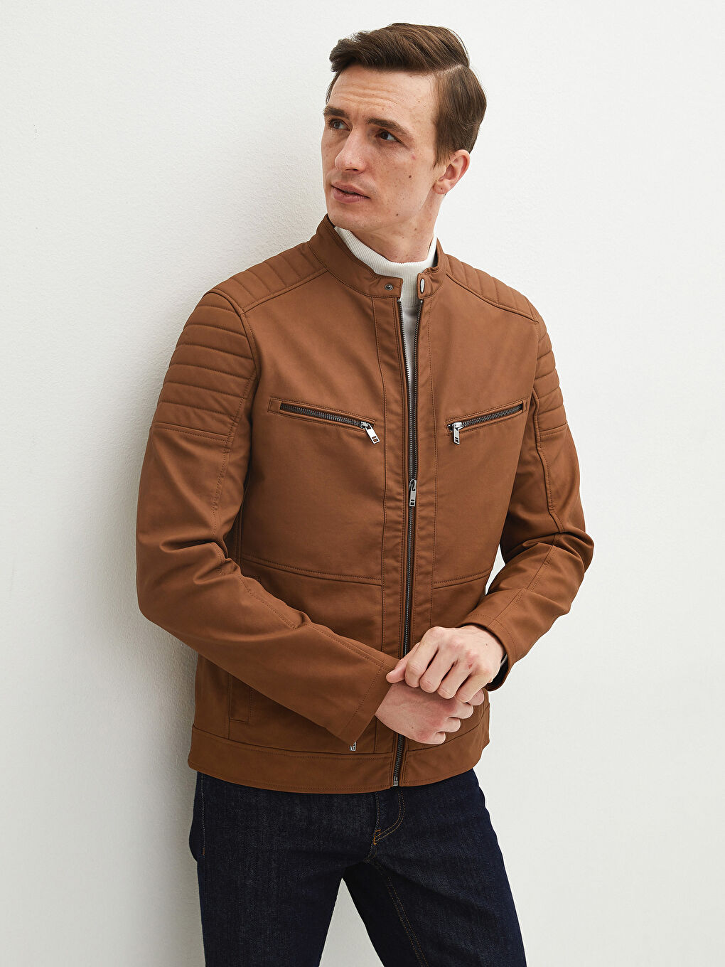 Kahverengi Slim Fit Biker Yaka Erkek Deri Görünümlü Mont-1