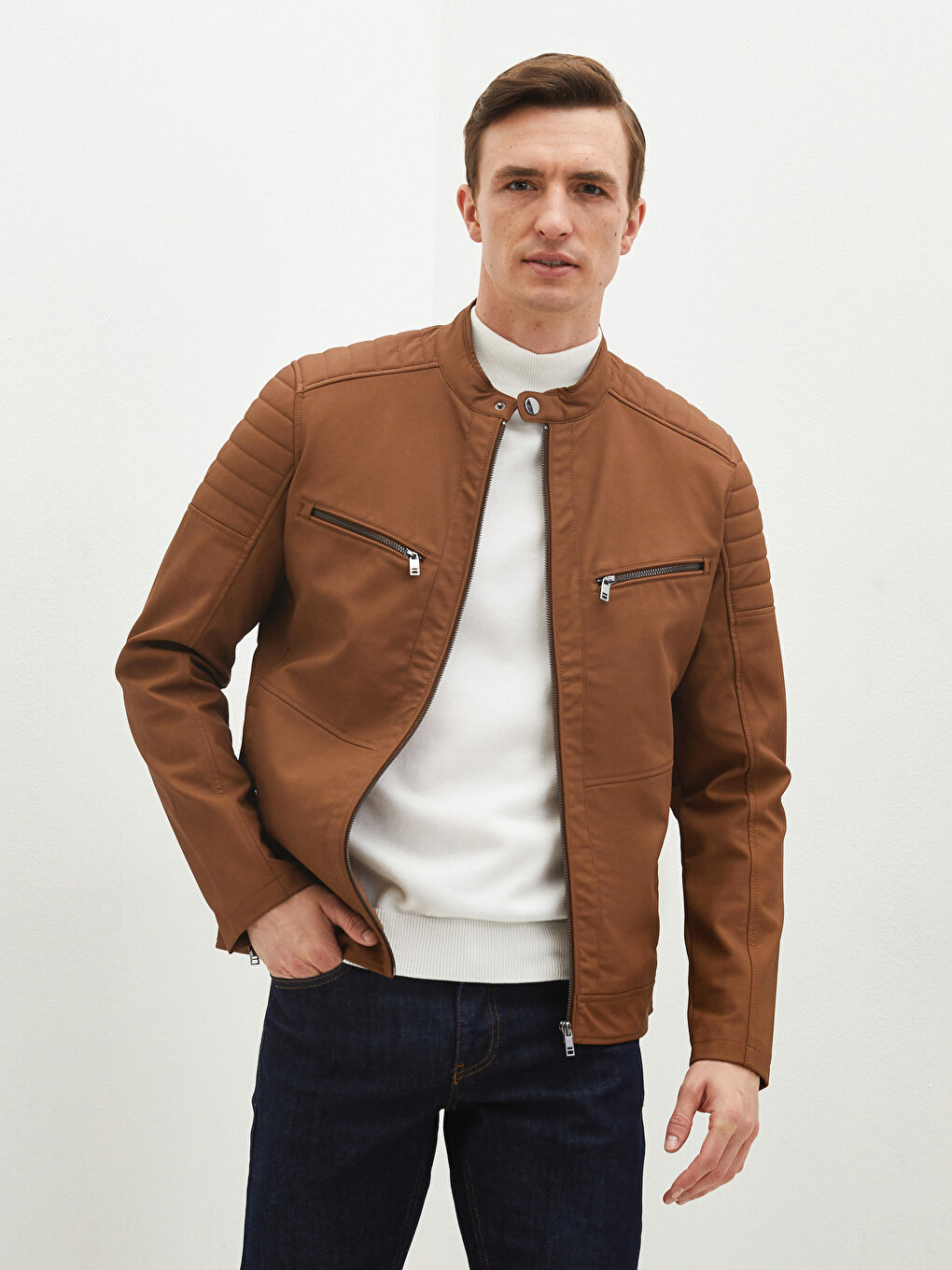 Kahverengi Slim Fit Biker Yaka Erkek Deri Görünümlü Mont-2