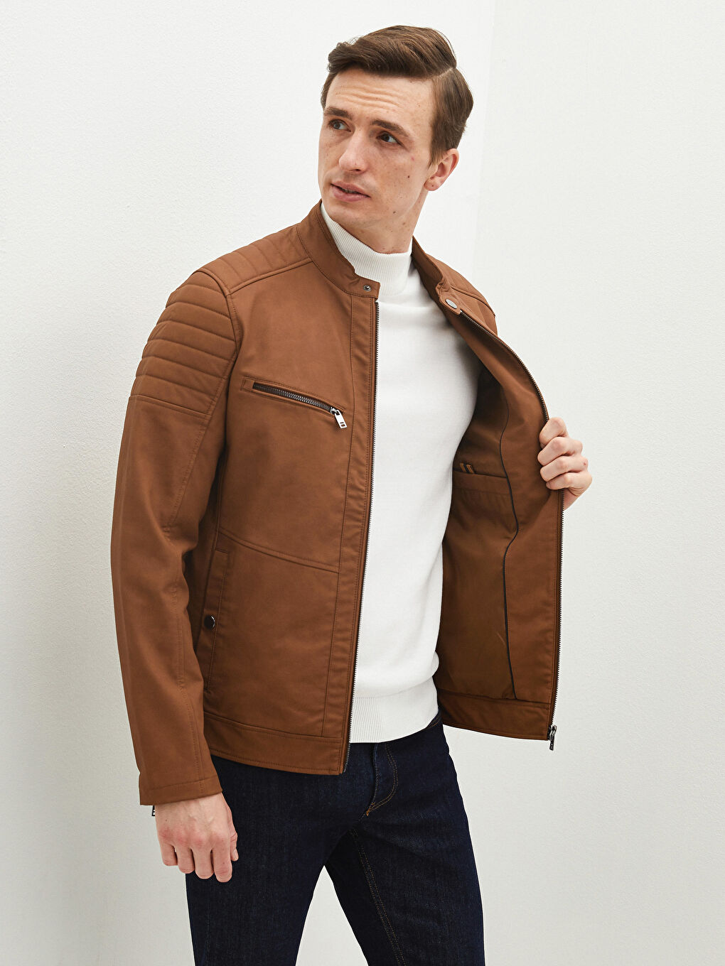 Kahverengi Slim Fit Biker Yaka Erkek Deri Görünümlü Mont-3