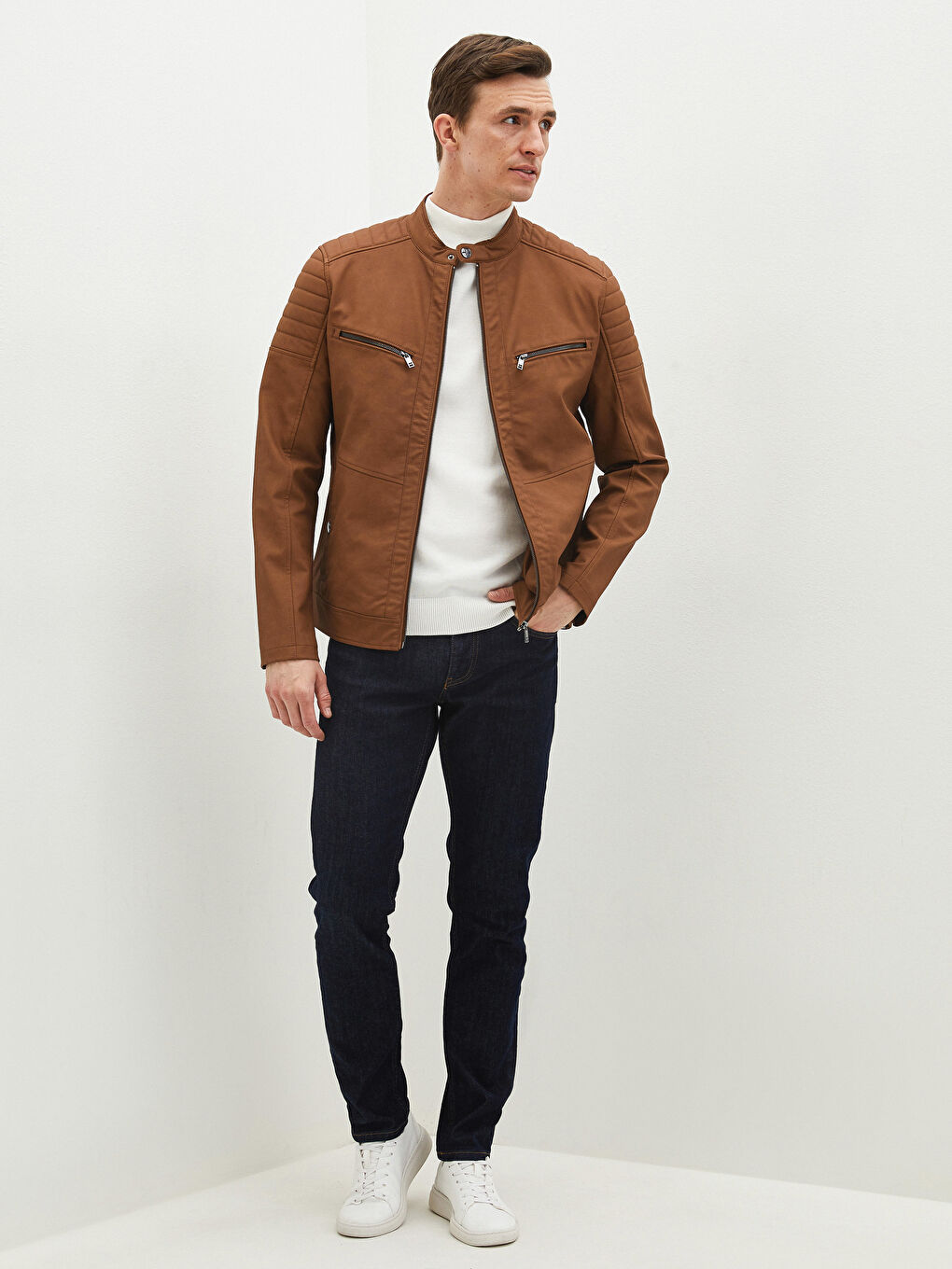 Kahverengi Slim Fit Biker Yaka Erkek Deri Görünümlü Mont-4