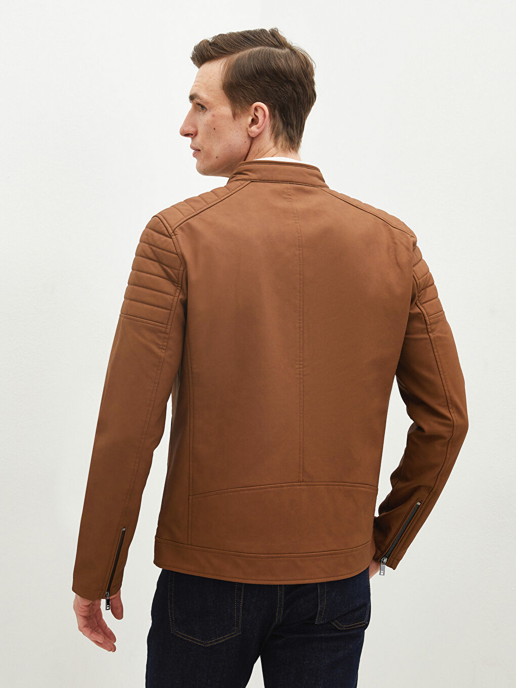 Kahverengi Slim Fit Biker Yaka Erkek Deri Görünümlü Mont-5