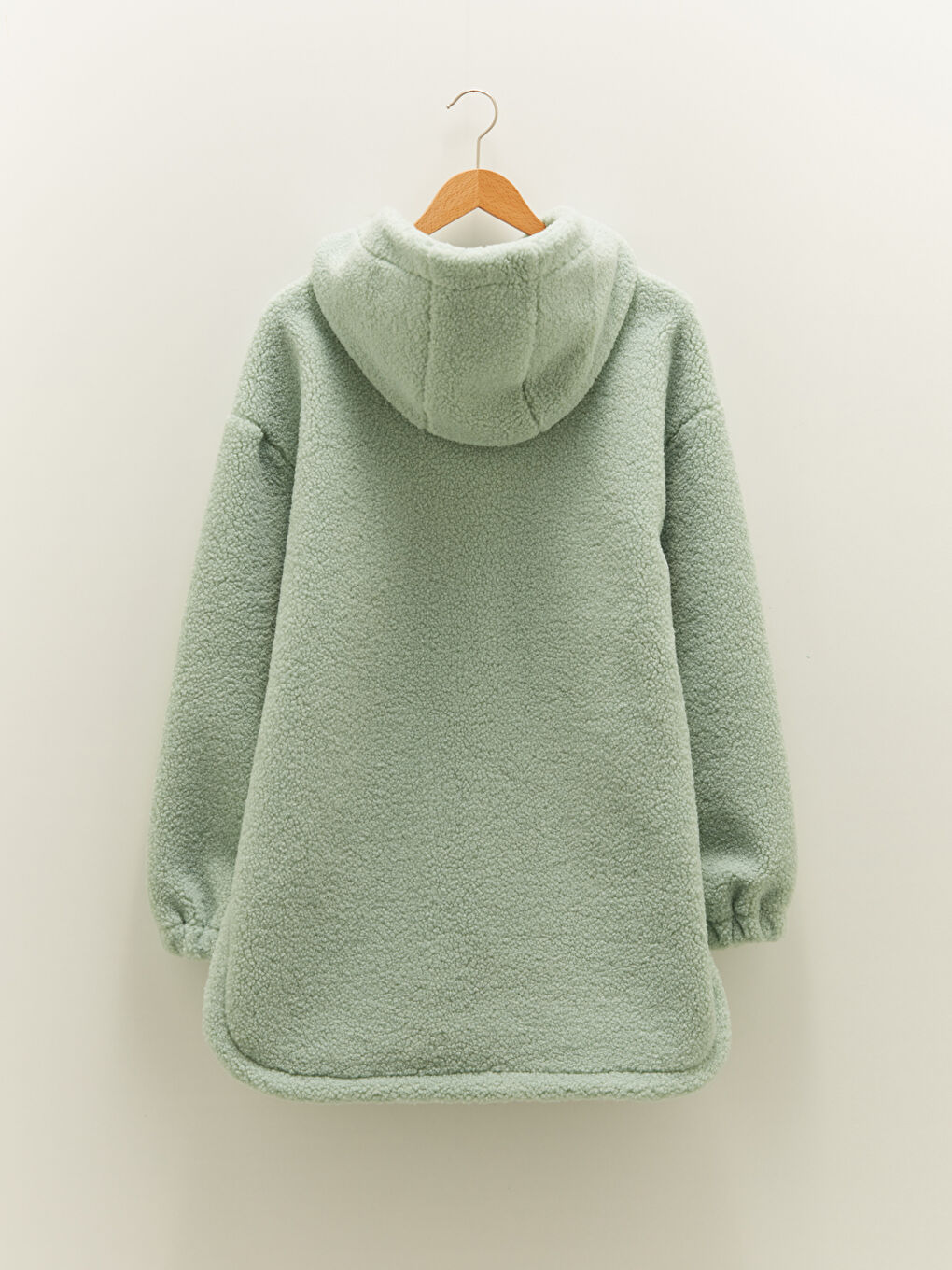 Kapüşon Yaka Düz Uzun Kollu Cep Detaylı Peluş Kadın Mont-7