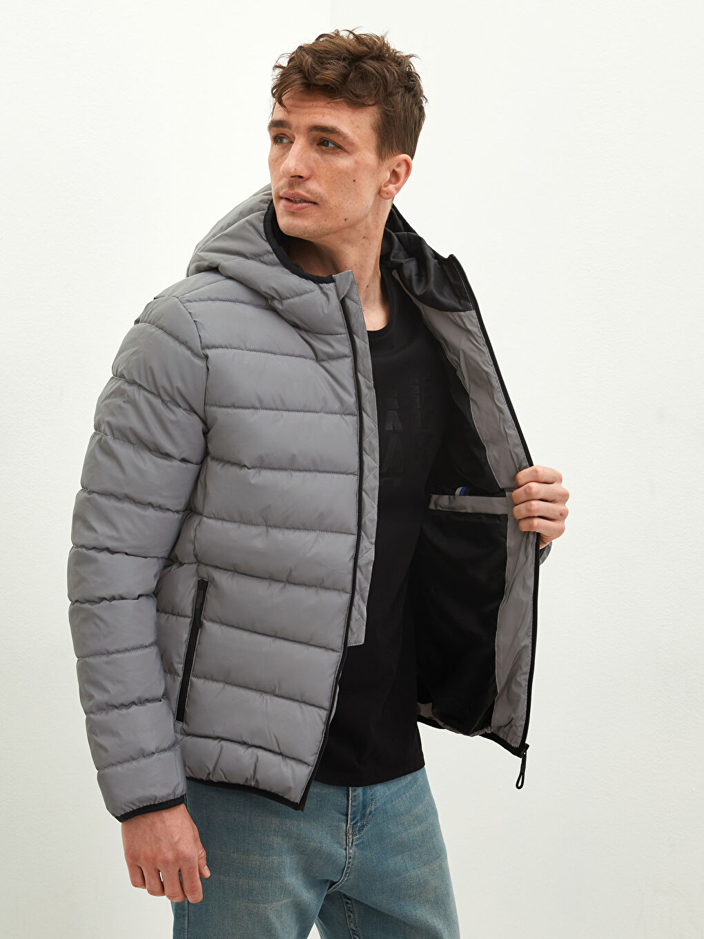 Gri Slim Fit Dik Yaka Kapüşonlu Reflektörlü Erkek Şişme Mont-2