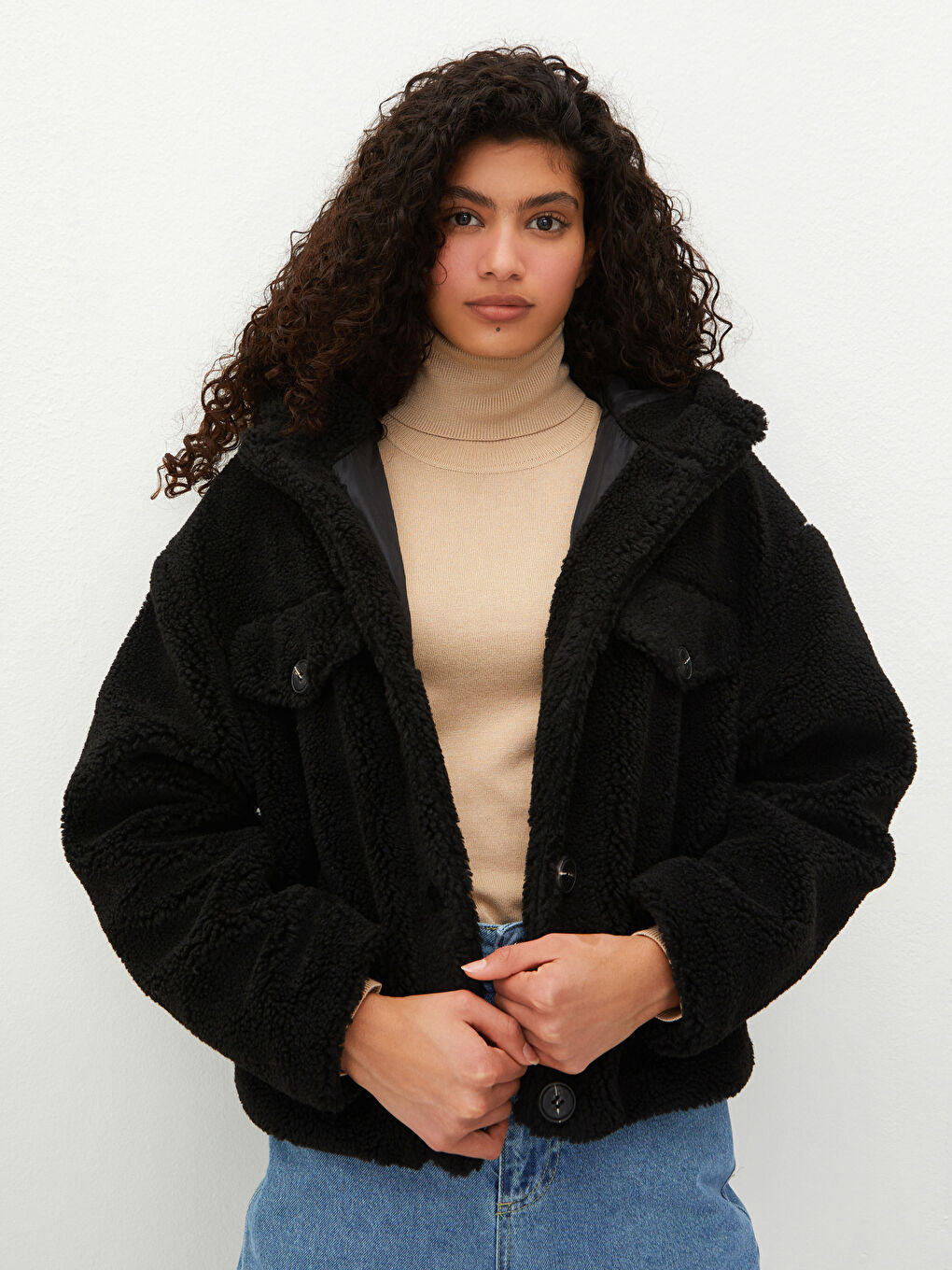 Manteau Épais en Peluche à Manches Longues avec Poches et Capuche pour Femmes