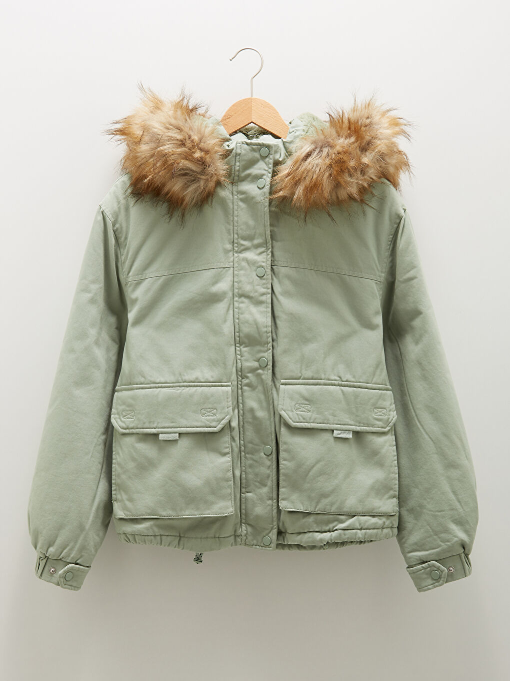 Manteau Parka pour Femmes en Gabardine avec Col à Capuche et Détail en Fourrure, Manches Longues-7