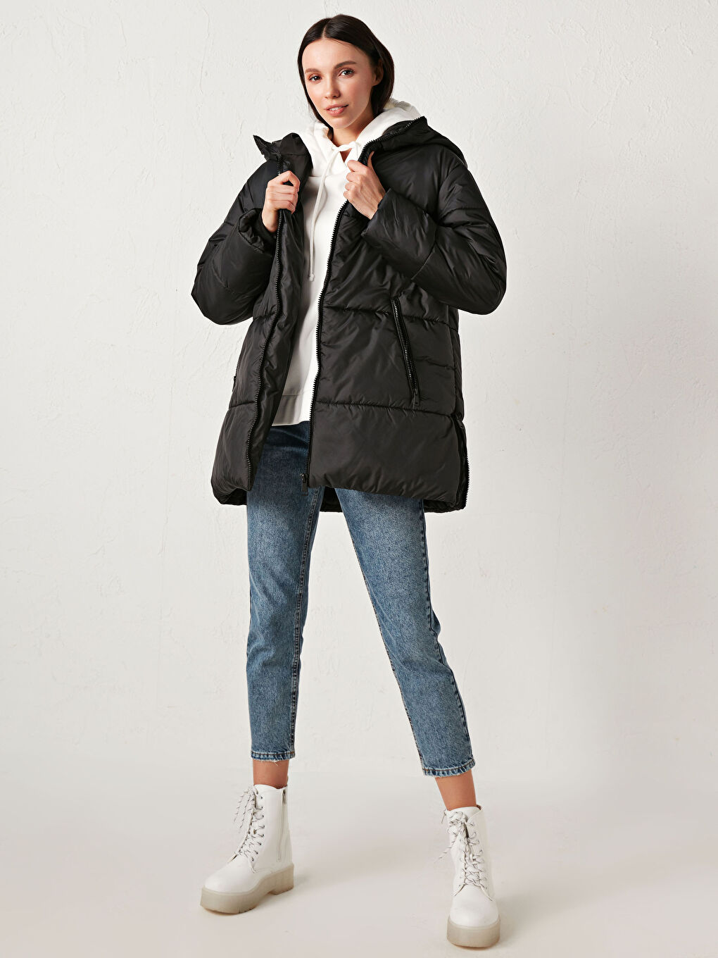 Manteau Bouffant Uni à Capuche pour Femmes-1