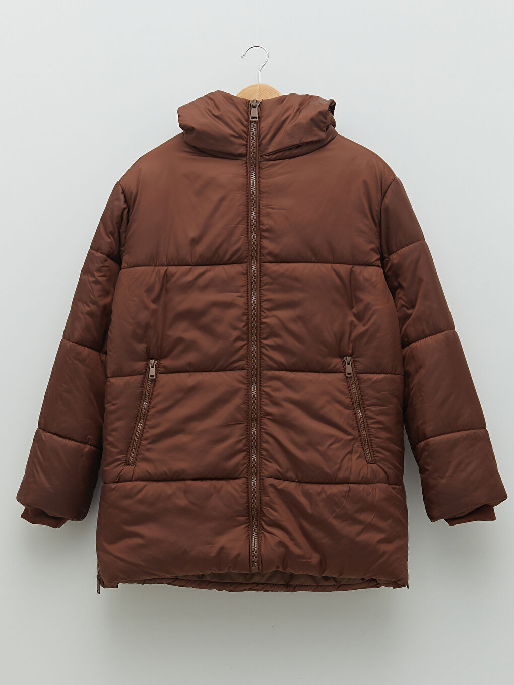 Kahverengi Kadın Kapüşonlu Düz Şişme Mont-6