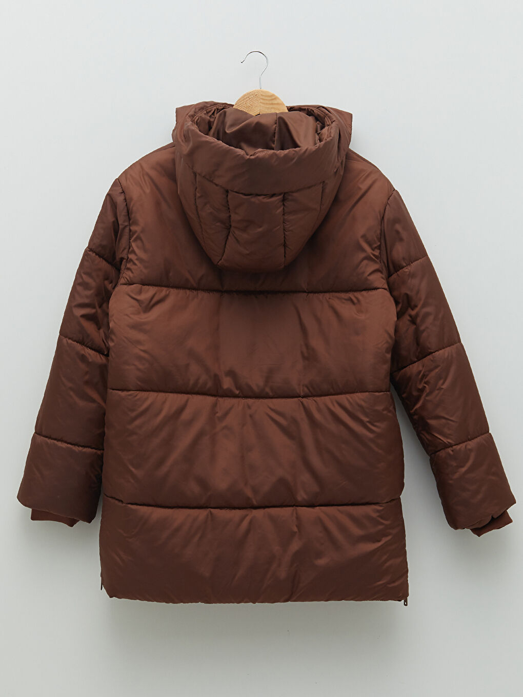 Kahverengi Kadın Kapüşonlu Düz Şişme Mont-7