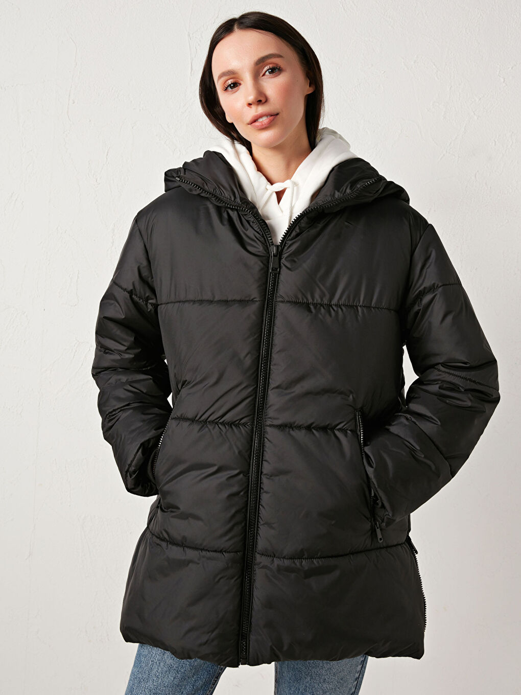 Manteau Bouffant Uni à Capuche pour Femmes-3