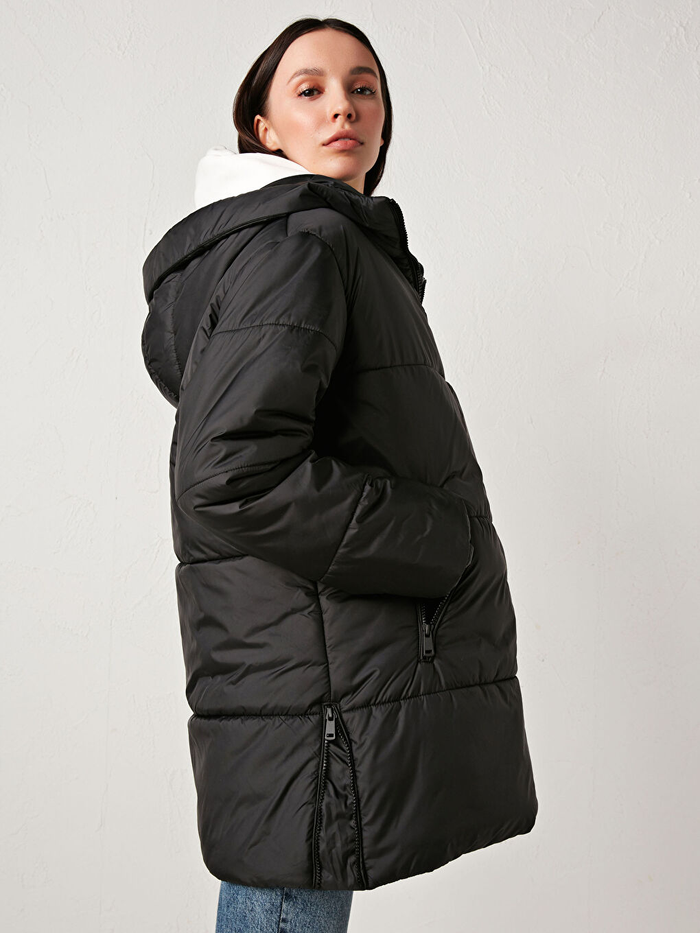 Manteau Bouffant Uni à Capuche pour Femmes-4