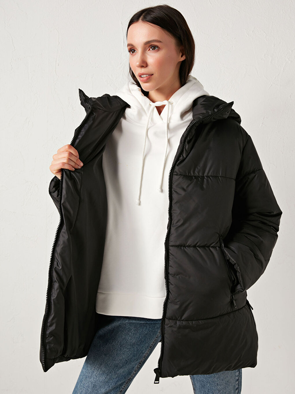 Manteau Bouffant Uni à Capuche pour Femmes-5