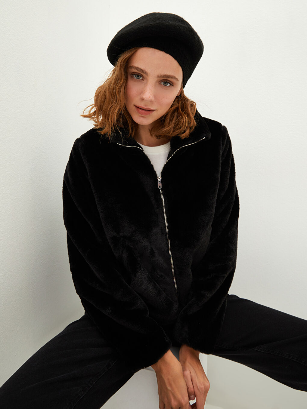 Пальто Женское Толстое Плюшевое С Длинным Рукавом С Воротником-Трубой И Карманами