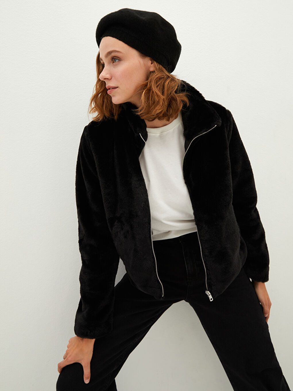 Пальто Женское Толстое Плюшевое С Длинным Рукавом С Воротником-Трубой И Карманами-1