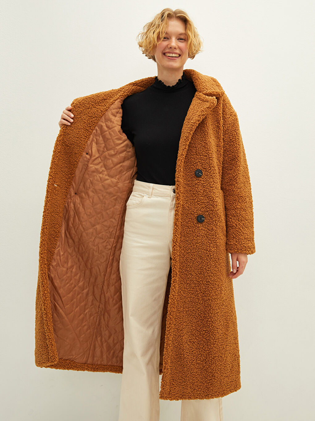 LCW Vision Manteau en Peluche à Col Veste avec Poches Détail pour Femmes -W10402Z8-JJL