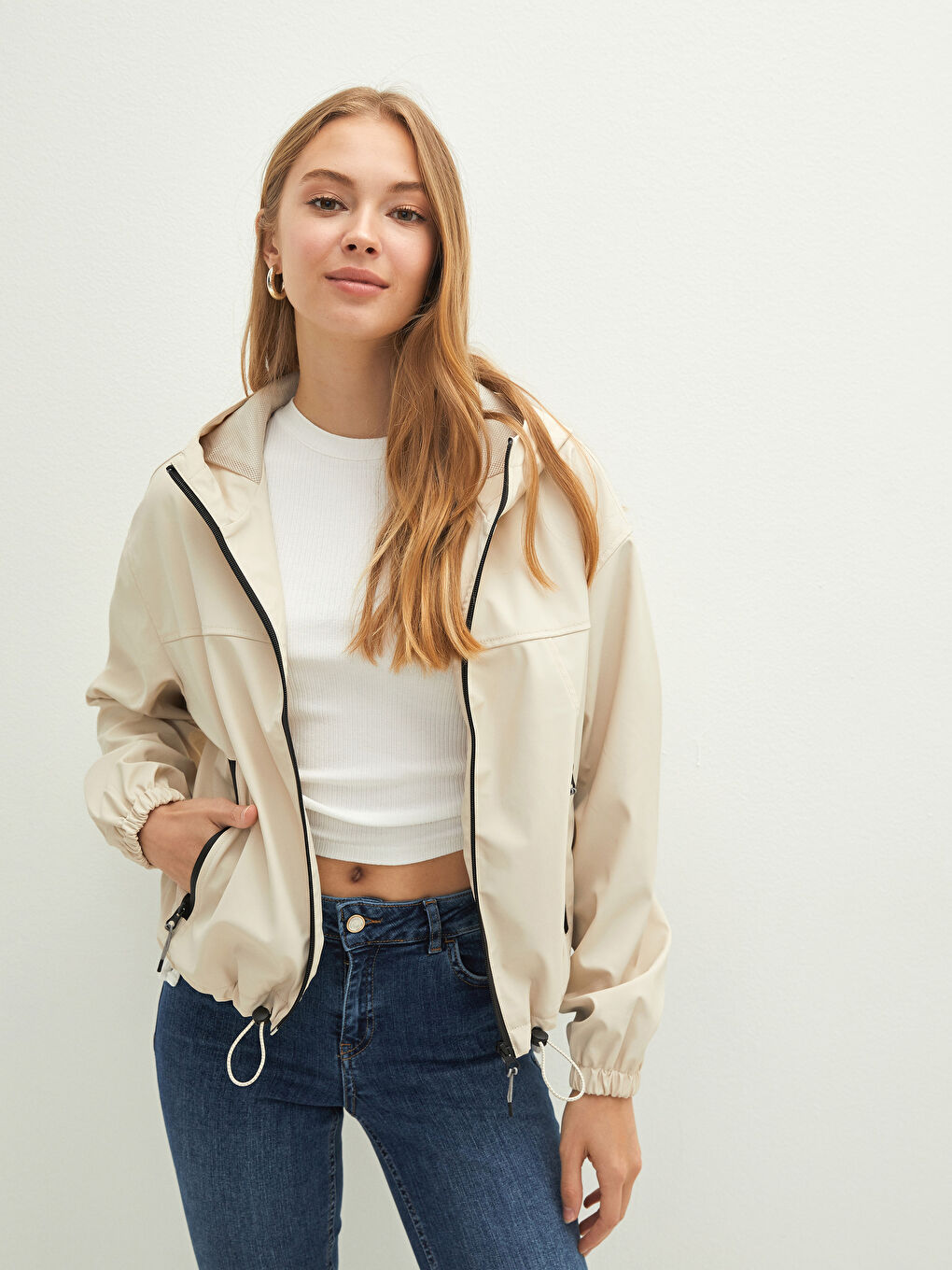 Hooded Collar Regular Long Sleeve Zippered Women's Raincoat